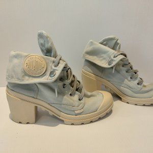 EUC Palladium Pampa Baggy Oxford Canvas Heel Boots Light Blue and Cream 9 41